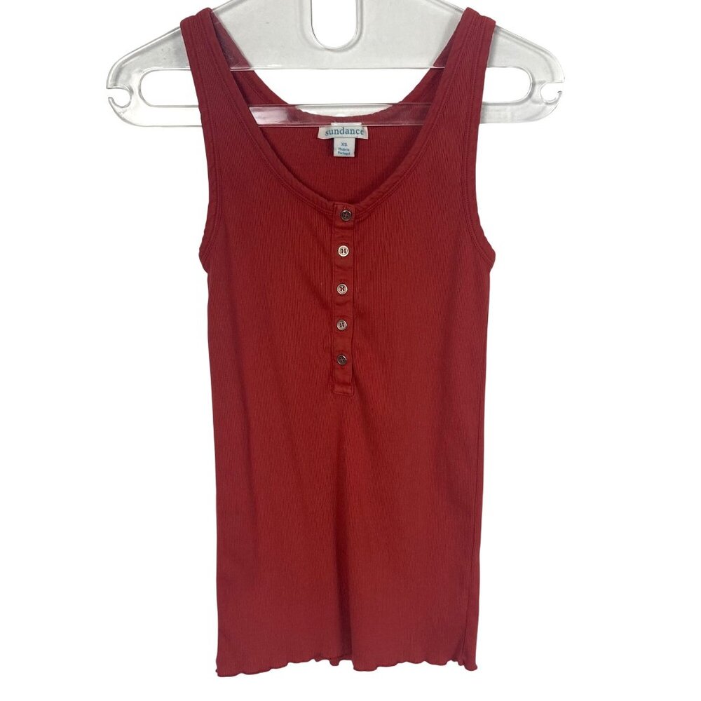 Sundance Y2K Henley Tank Top XS Orange Ribbed Cotton Lettuce Hem Long Line